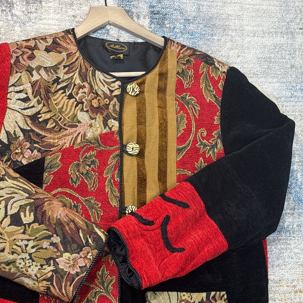 Vintage Allure Red Black Embroidered Patchwork Jacket Womens Large Artsy Classic